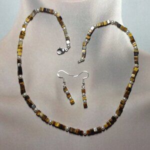 Tiger-eye and Freshwater Pearls Earrings and Necklace.